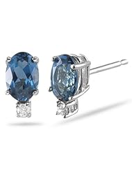 0.02 Cts Diamond & 1.14 Cts of 6x4 mm AA Oval London Blue Topaz Earrings in 14K White Gold