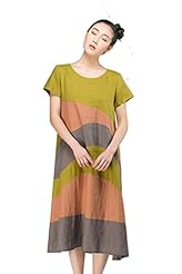 Plus Size Striped Print Cotton/Linen Short Sleeves  Dress