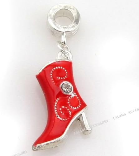 Divine Beads Line Dancer / Cowboy Boot Dangle Charm with Red Enamel and clear Rhinestone detailing fits Pandora, Biagi, Tedora, Chamilia, Bacio, Troll and other European style bracelets