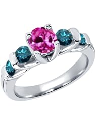 1.88 Ct Round Pink Created Sapphire Blue Diamond 14K White Gold Ring