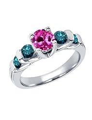 1.88 Ct Round Pink Created Sapphire Blue Diamond 18K White Gold Ring