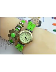 KANO BAK(TM) Fashion Weave Wrap Around Press Button Leather Retro Bracelet Woman Girl Unisex Sunflower Wrist Nice Gift Watch Green