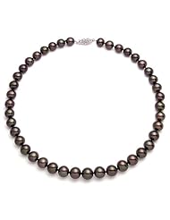 PremiumPearl 8-8.5mm AA+ Quality Black with Pink Overtones Freshwater Pearl Necklace Yellow Gold, 17" Length