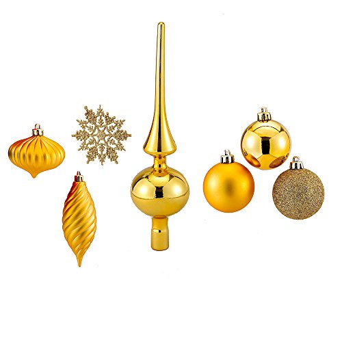 Kurt Adler 150 Piece Gold Christmas Tree Trimming Shatterproof Ornament and Tree Topper Kit Kurt Adler 150 Piece Gold Christmas Tree Trimming Shatterproof Ornament and Tree Topper Kit