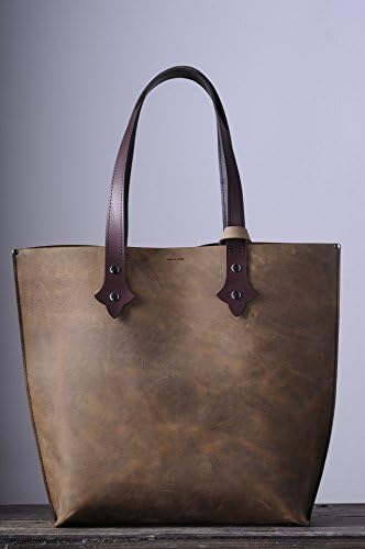 Large leather tote bag with gothic style shaped handles. Distressed Italian leather, vegetable tanned leather handles. Made in Italy