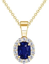 18K Yellow Gold Cushion Cut Blue Sapphire And Round Diamond Pendant