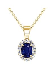 14K Yellow Gold Cushion Cut Blue Sapphire And Round Diamond Pendant