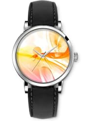SPRAWL Aanalog Fashion Series Silver Ladies Watches of Genuine Black Leather Strap,Unique Wrist Watch for Women Girls Designed with Lines and orange circles