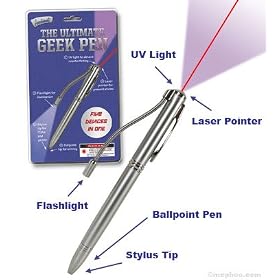 Click here to buy The Ultimate Geek Pen - UV Light, Laser, Flashlight, Stylus Tip and Real Pen by Accoutrements.