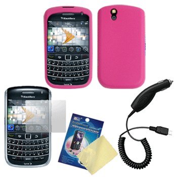Hot Pink Silicone Case / Skin / Cover, LCD Screen Guard / Protector & Car Charger for BlackBerry Bold 9650