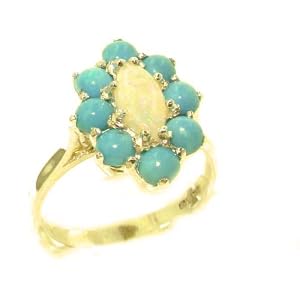 Luxury Ladies Solid British 14K Yellow Gold Natural Opal & Turquoise Cluster Ring - Size 9.5 - Finger Sizes 5 to 12 Available - Perfect Gift for Birthday, Christmas, Valentines Day, Mothers Day, Mom, Mother, Grandmother, Daughter, Graduation, Bridesmaid.