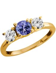 0.96 Ct Round Blue Tanzanite and White Diamond 14k Yellow Gold Ring