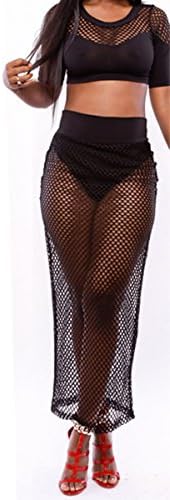 Richio Women Net Mesh Tops Shirt & Skirt Clubwear Cocktail Party Set Two M Black