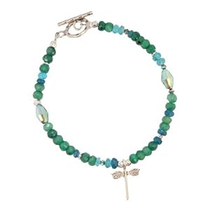 Emerald and Apatite Gemstone Beaded Toggle Bracelet with Sterling Silver Dragonfly, 7 3/4" Length, #7522