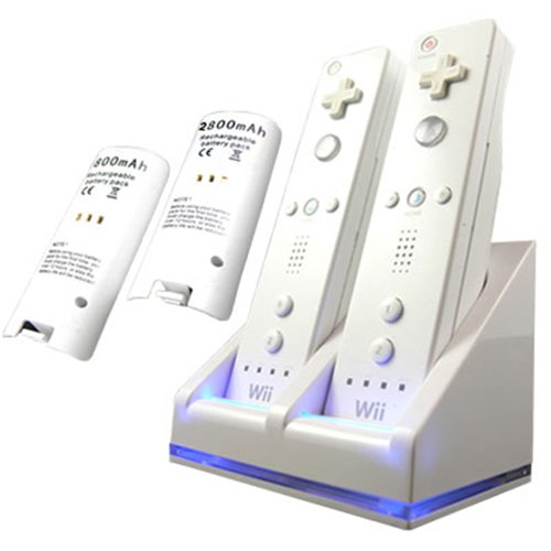 Dual Charging Station w/ 2 Rechargeable Battery & LED light for Wii Remote Control, White