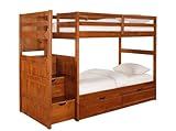 Twin Size Bunk Bed with Under Bed Dual Drawer Unit in Cinnamon Finish