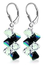 Black AB Clear Swarovski Crystal Sterling Silver Leverback 1.5" Long Dangle Earrings