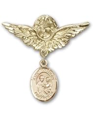 14K Gold Baby Badge with St. Anthony of Padua Charm and Angel with Wings Badge Pin