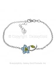 Single Flower Bracelet with Blue Topaz and Peridots in 14k White Gold