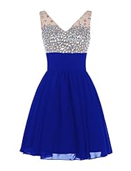 V-neck Short Chiffon Natural   Waistline Beaded  Sequined Prom Dress/Party Dress  With Rhinestones