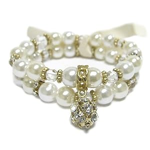 Crystal Ball Dangle Double Row Pearl Stretch Bracelet Fa