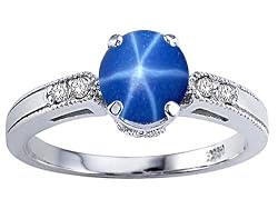 1.24 cttw Lab Created Star Sapphire and Genuine Diamond Engagement Ring in 14k White Gold Size 5