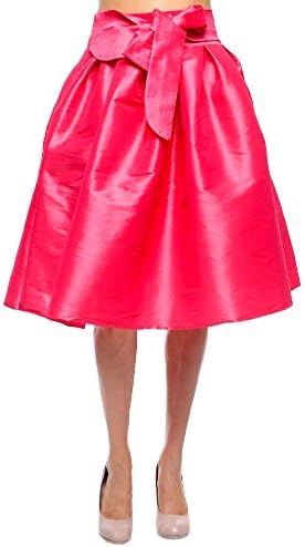 Women Vintage High Waisted Taffeta Pleated Flared Party Skater Midi Skirt (Small, Coral Red)