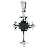 Sterling Silver Cross Fleury Pendant w/ Large Black CZ, w/ 18" Thin Box Chain