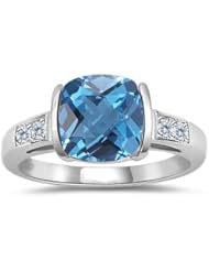 0.08 Cts Diamond & 2.12 Cts Swiss Blue Topaz Ring in 14K White Gold