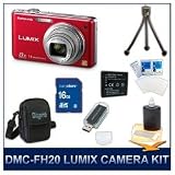 Panasonic LUMIX DMC-FH20R FH20R FH20 Red Digital Camera, 14 MP, 8x Wide Angle Optical Zoom Lens, 2.7 LCD, HD Video Recording, 16 GB Memory Card, Card Reader, Battery, Deluxe Carrying Case, Screen Protectors, Mini Tripod, & 3pc. Lens Cleaning Kit