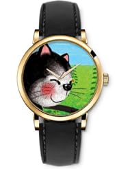 SPRAWL Aanalog Fashion Series Gold Ladies Watches of Genuine Black Leather Strap,Unique Wrist Watch for Women Girls Designed with Cute kitty face
