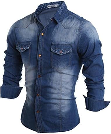 Rlouw Men's Cotton Flag Pattern Casual Long Sleeve Denim Button Down Shirt Dark Blue