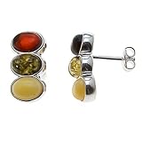Certified Genuine Multicolor Amber and Sterling Silver Three-stone Oval Stud Earrings