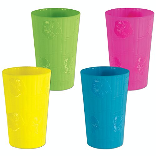 Club Pack of 12 Tropical Luau Bamboo & Hibiscus Floral Plastic Drinking Party Tumbler Cups 18 oz.