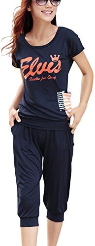 TLZC Women's Summer Lightweight Loose Tees + Capris Yoga Tracksuit US Size L Blue