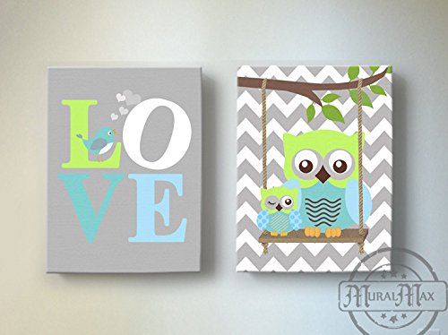 Baby Boy Owl Wall art - Owl Nursery Decor - Bule and Green Boy Room