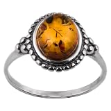 Natural Dark Honey Amber Sterling Silver Oval Stone Victorian Look Ring