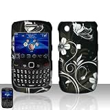 Black with White Flower Butterfly Design Rubberized Snap on Hard Skin Shell Protector Cover Case for Blackberry Curve 8520 8530 + Microfiber Pouch Bag
