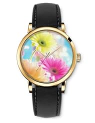 SPRAWL Aanalog Fashion Series Gold Ladies Watches of Genuine Black Leather Strap,Unique Wrist Watch for Women Girls Designed with Colorful daisies