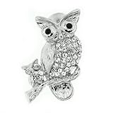 Silvertone Rhinestone Owl Brooch Pin