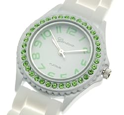 Beautiful Large White Green Crystal Accent Silicone Wrist Watch