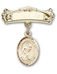 Gold Filled Baby Badge with St. Philomena Charm and Arched Polished Badge Pin