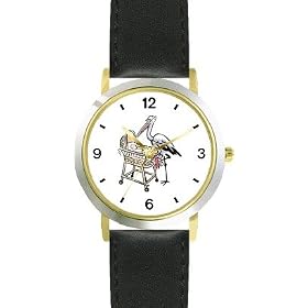 Stork with Newborn Baby in Crib - WATCHBUDDY® DELUXE TWO-TONE THEME WATCH - Arabic Numbers - Black Leather Strap-Size-Large ( Men's Size or Jumbo Women's Size )