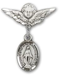 Sterling Silver Baby Badge with Miraculous Charm and Angel w/Wings Badge Pin