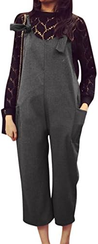 Woman Double Pocket Loose Fit Cropped Suspender Pants Dark Gray XS