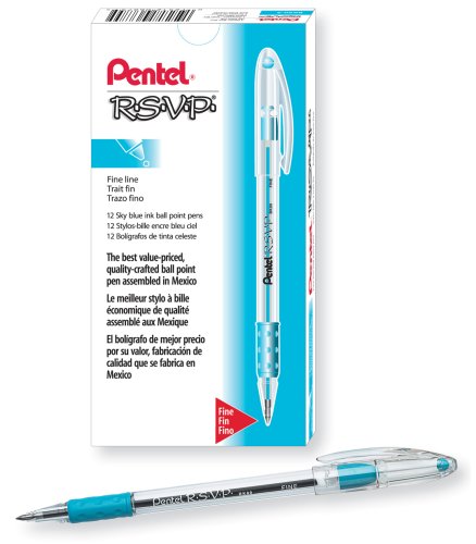 Pentel R.S.V.P. Ball Point Pen, 0.7 Millimeter Fine Tip, Sky Blue Ink, Box of 12