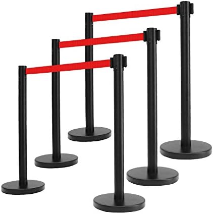 Apex VIP Series Elite Arena Black Tuff Tex Retractable Belt Stanchions (6 Pcs Set) 40" H with 6.5 Feet Red Belt