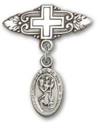 Sterling Silver Baby Badge with St. Christopher Charm and Badge Pin with Cross