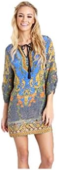 Bluetime Women's Retro 3/4 Sleeve Chiffon Vintage Print Bohemian Baroque Pattern Casual Dress
