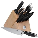 KitchenAid 16-Piece Cutlery Set with Traditional Natural Block, Black Handles